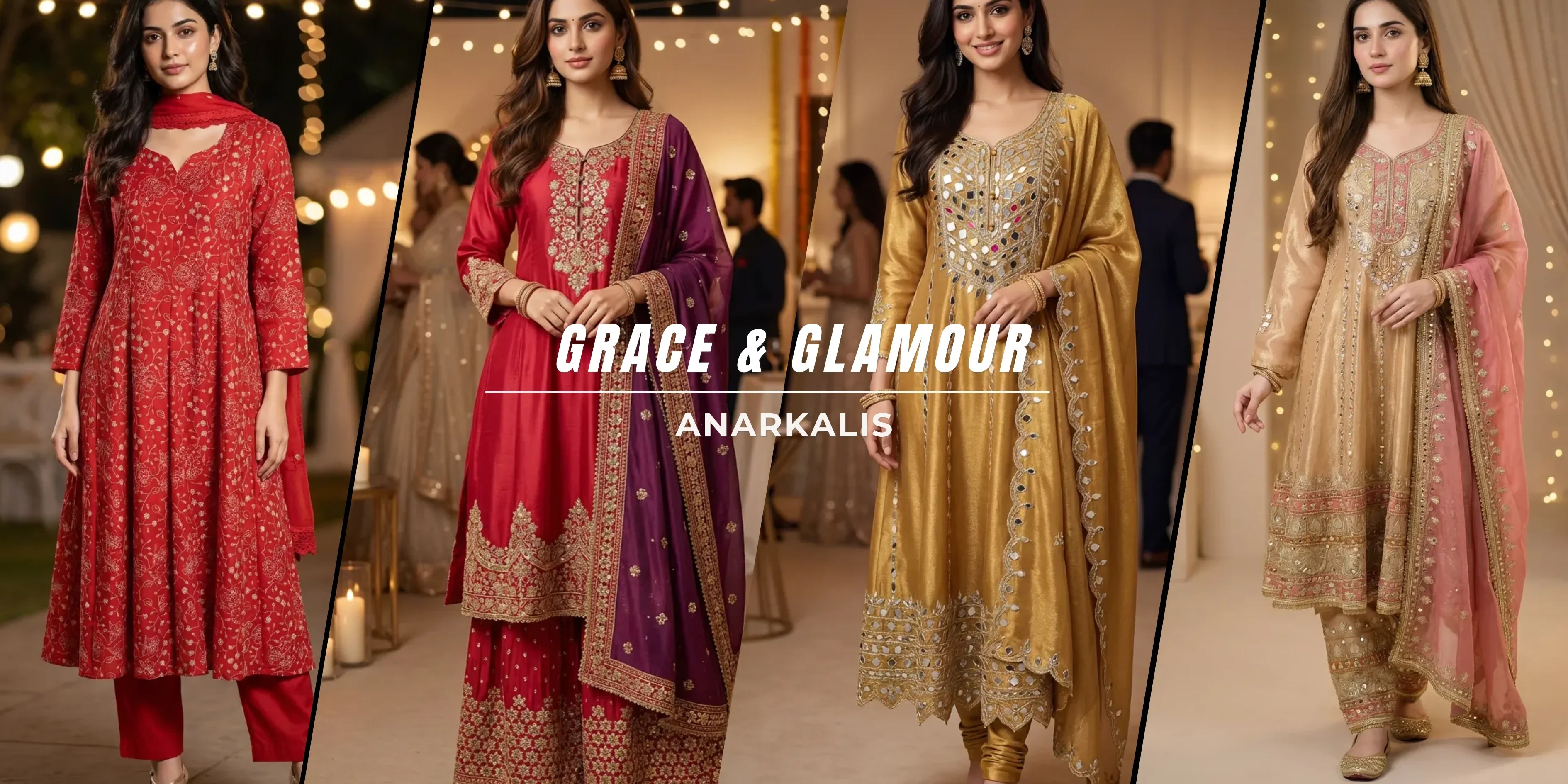 Women modeling embroidered Anarkali suits in red, gold, and beige at Karchobi collection event