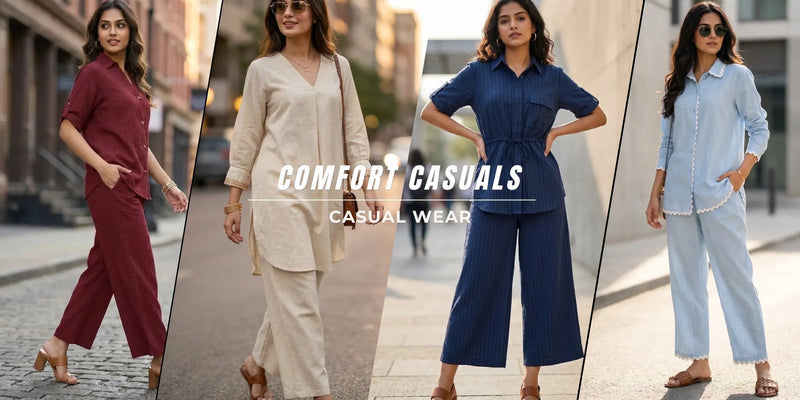 Karchobi women's casual wear banner featuring four models in comfortable, stylish outfits outdoors