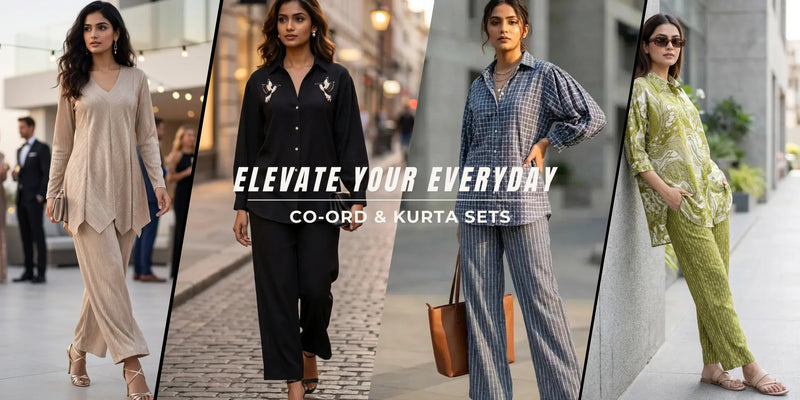 Women modeling Karchobi co-ord and kurta sets in chic, modern urban settings