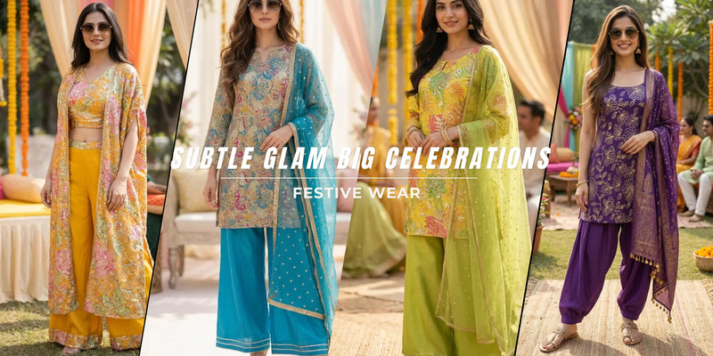 Women in colorful festive wear outfits by Karchobi, outdoor celebration with vibrant decor
