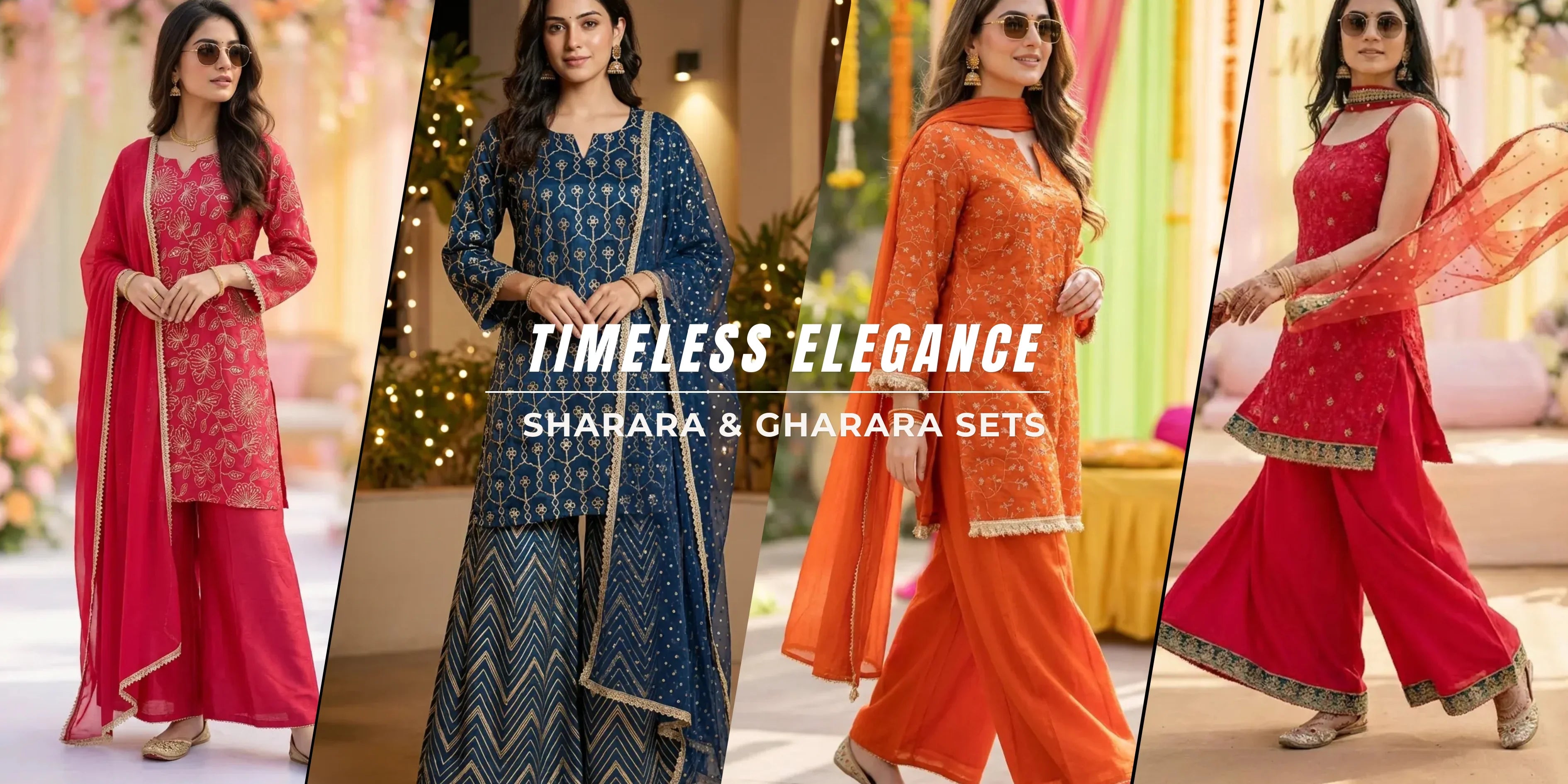Women modeling elegant Sharara and Gharara sets in vibrant colors at Karchobi