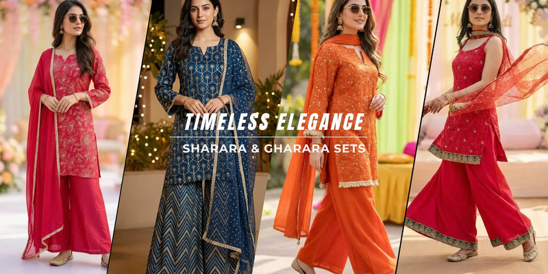 Women modeling elegant Sharara and Gharara sets in vibrant colors at Karchobi