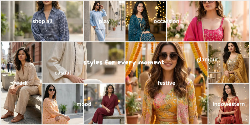 Collage of women in stylish Karchobi outfits for work, casual, play, occasion, glamour, festive, and indowestern looks.