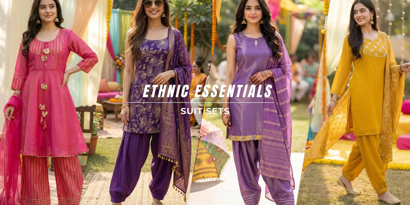 Women modeling colorful ethnic suit sets from Karchobi, featured in outdoor festive setting.