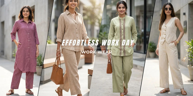 Women wearing Karchobi work wear, featuring stylish shirts, pants, kurtas, and chic vests.