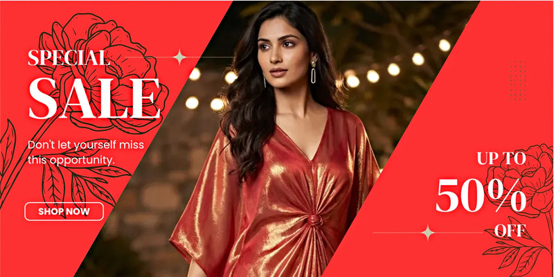 Karchobi women's fashion sale banner with model in metallic dress, up to 50% off, floral graphics.