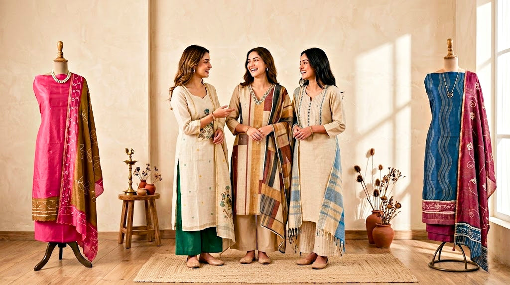 Women modeling colorful ethnic suit sets from Karchobi, featured in outdoor festive setting.