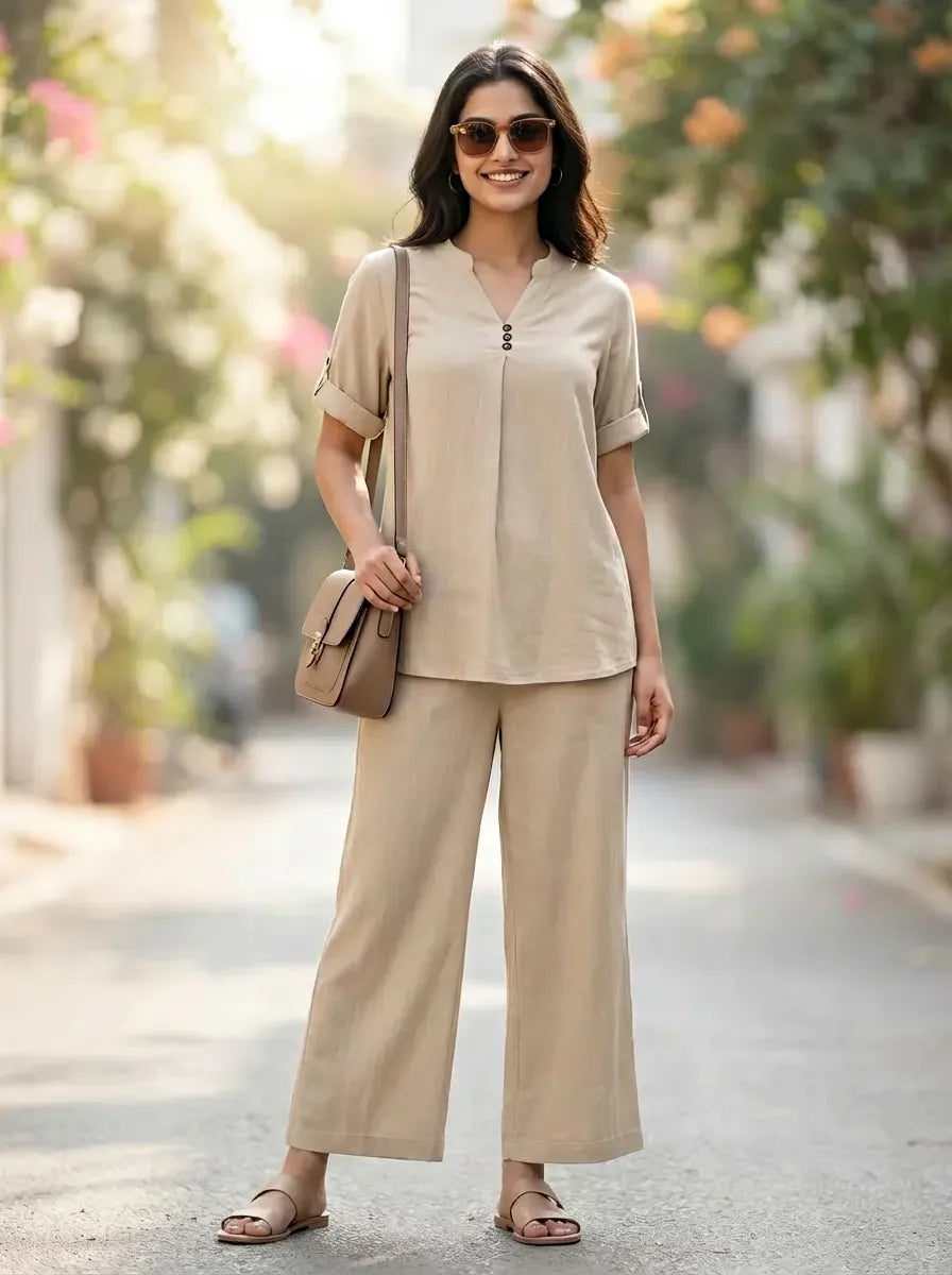 BEIGE RAYON SLUB BOX PLEAT KURTA PANT CO-ORD SET - KARCHOBI