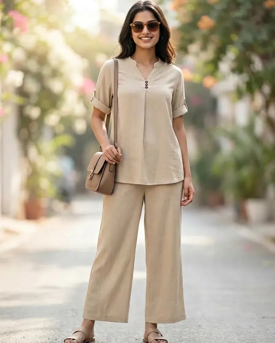 BEIGE RAYON SLUB BOX PLEAT KURTA PANT CO-ORD SET