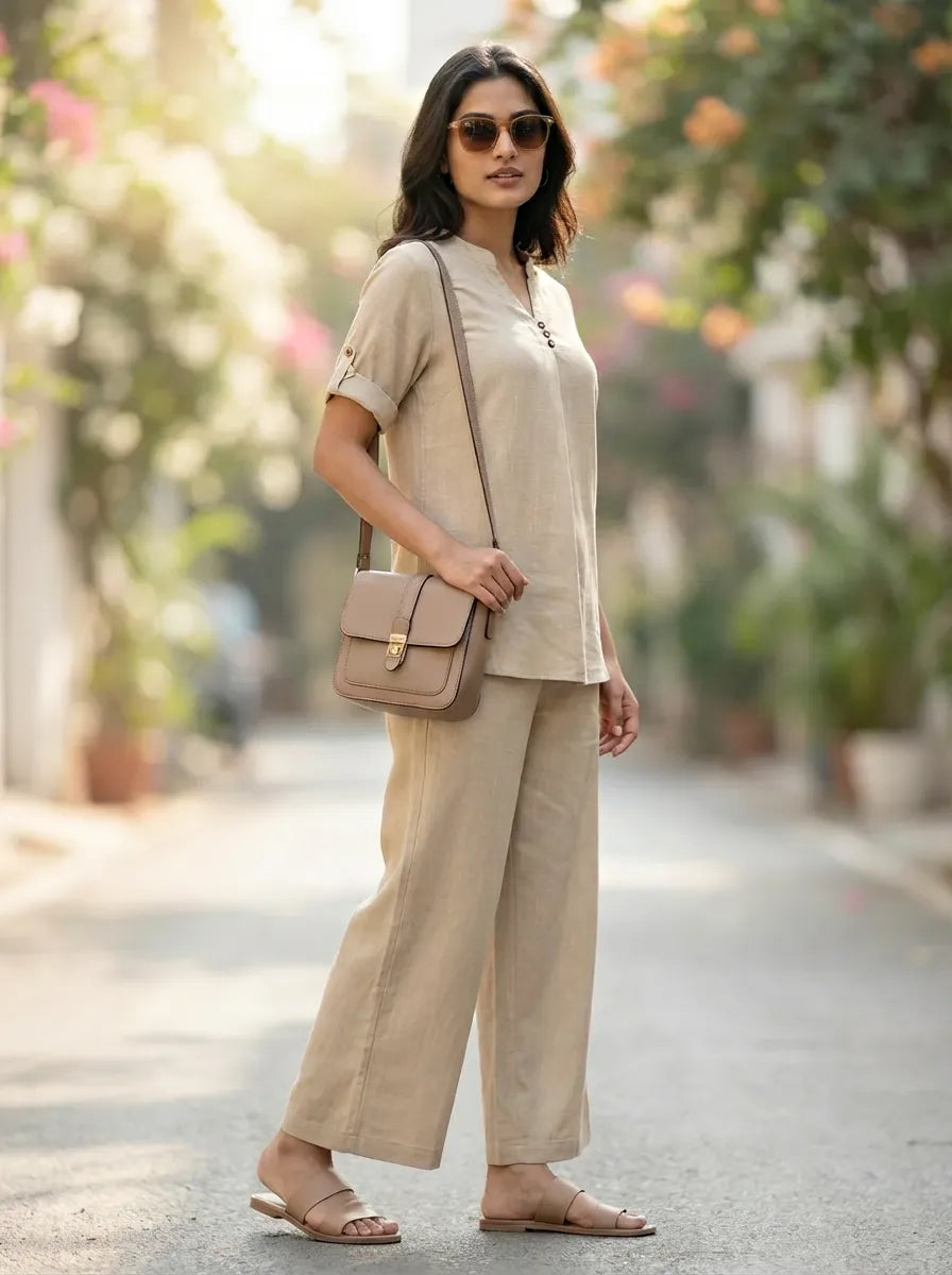 BEIGE RAYON SLUB BOX PLEAT KURTA PANT CO-ORD SET - KARCHOBI
