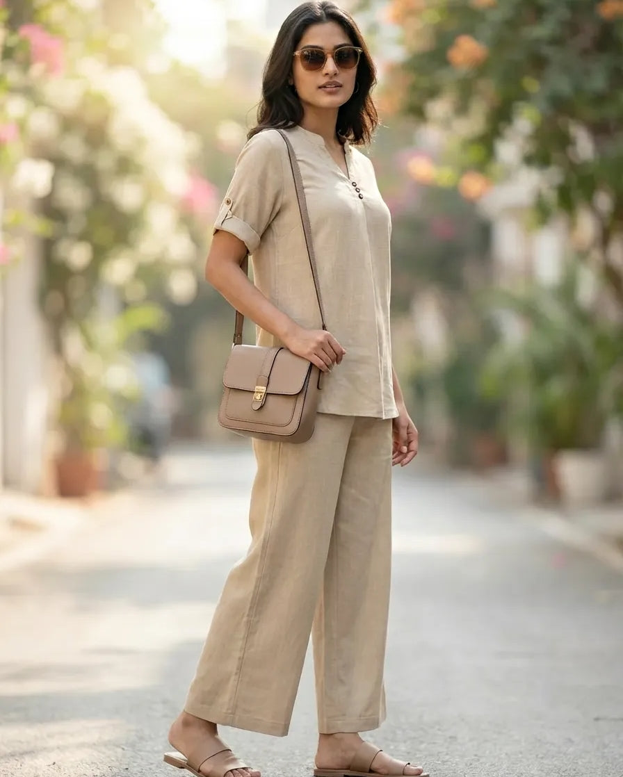 BEIGE RAYON SLUB BOX PLEAT KURTA PANT CO-ORD SET