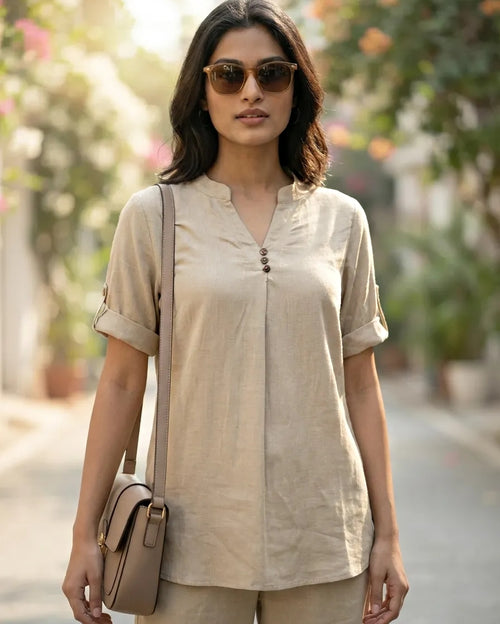 BEIGE RAYON SLUB BOX PLEAT KURTA PANT CO-ORD SET