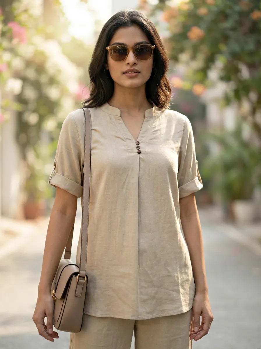 BEIGE RAYON SLUB BOX PLEAT KURTA PANT CO-ORD SET - KARCHOBI