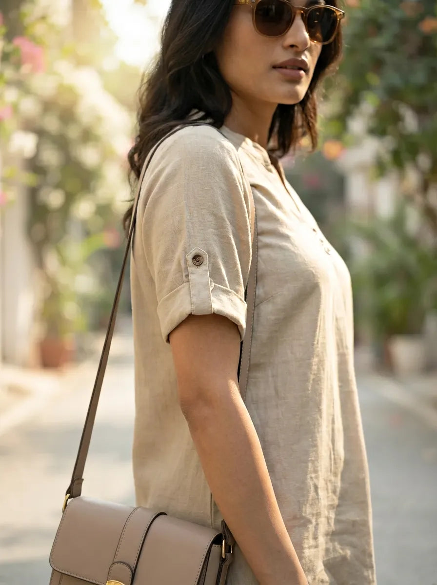 BEIGE RAYON SLUB BOX PLEAT KURTA PANT CO-ORD SET - KARCHOBI