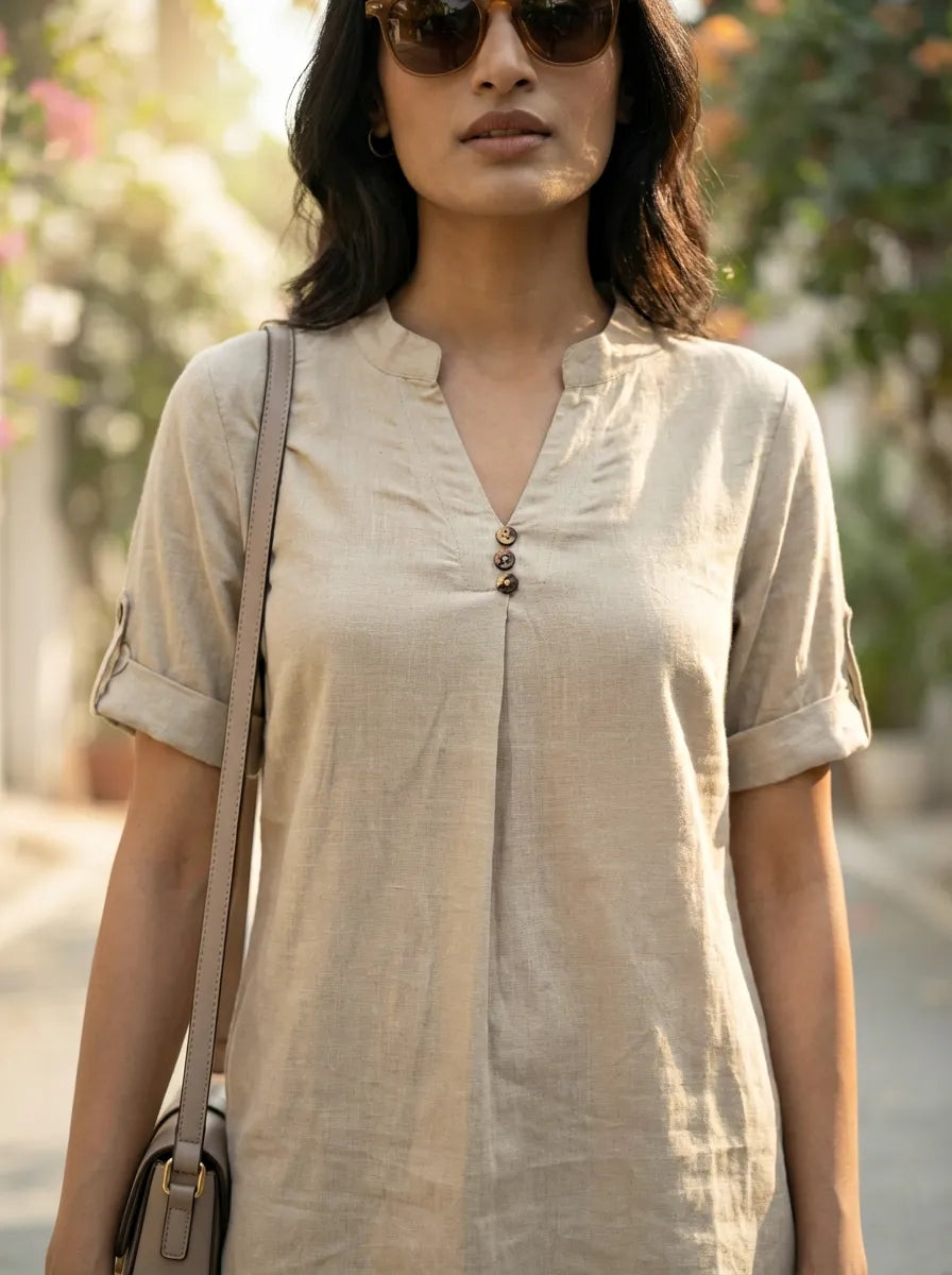 BEIGE RAYON SLUB BOX PLEAT KURTA PANT CO-ORD SET - KARCHOBI