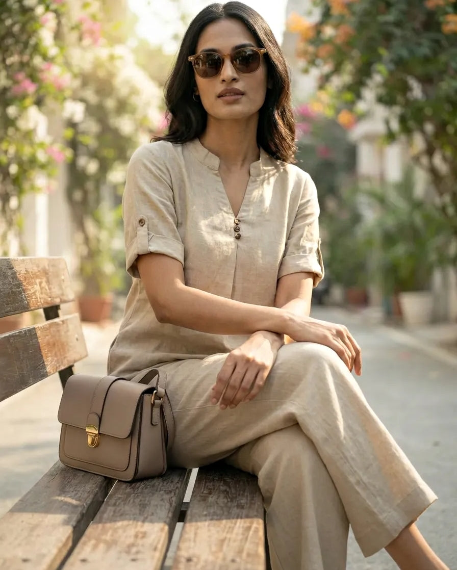 BEIGE RAYON SLUB BOX PLEAT KURTA PANT CO-ORD SET
