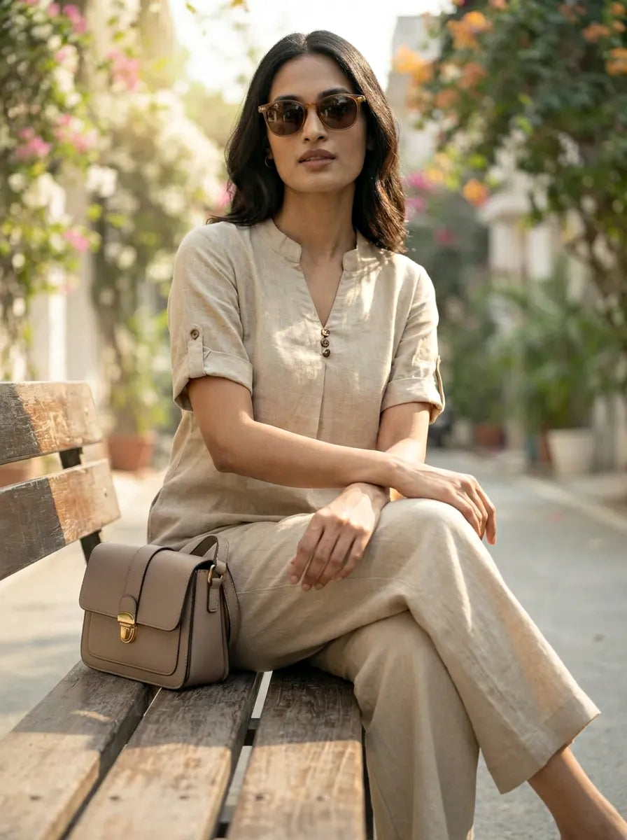 BEIGE RAYON SLUB BOX PLEAT KURTA PANT CO-ORD SET - KARCHOBI