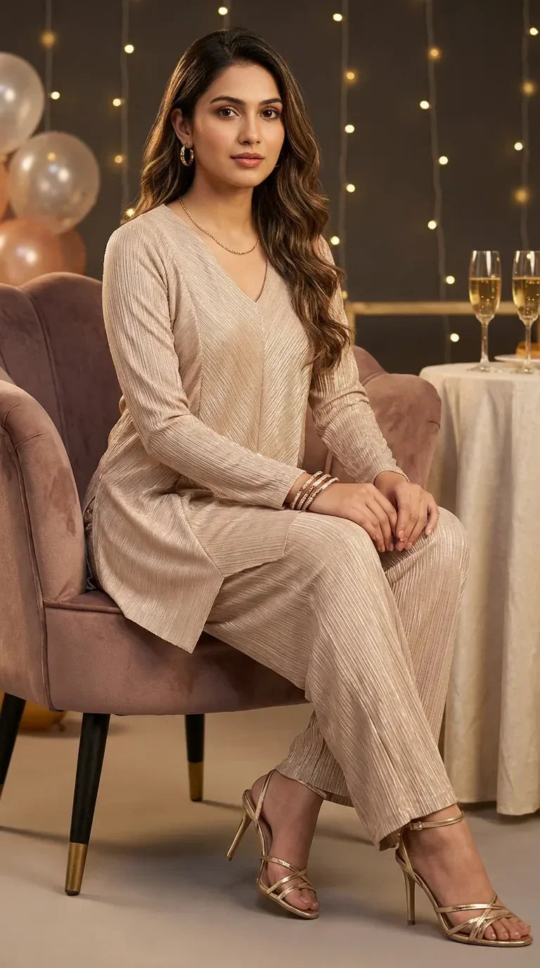 Woman in beige shimmer zigzag co-ord set from Karchobi, seated at a festive indoor setting.