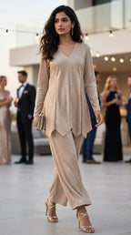 Woman in beige shimmer zigzag co-ord set from Karchobi, elegant evening party wear