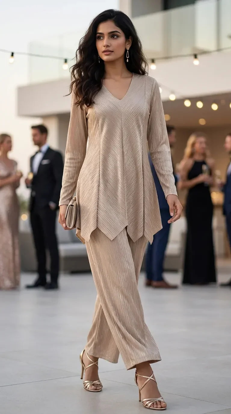 Woman in beige shimmer zigzag co-ord set from Karchobi, elegant evening party wear