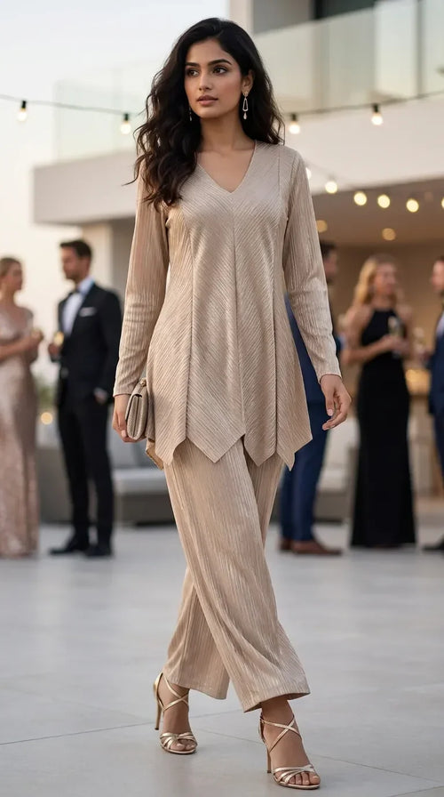 Woman in beige shimmer zigzag co-ord set from Karchobi, elegant evening party wear