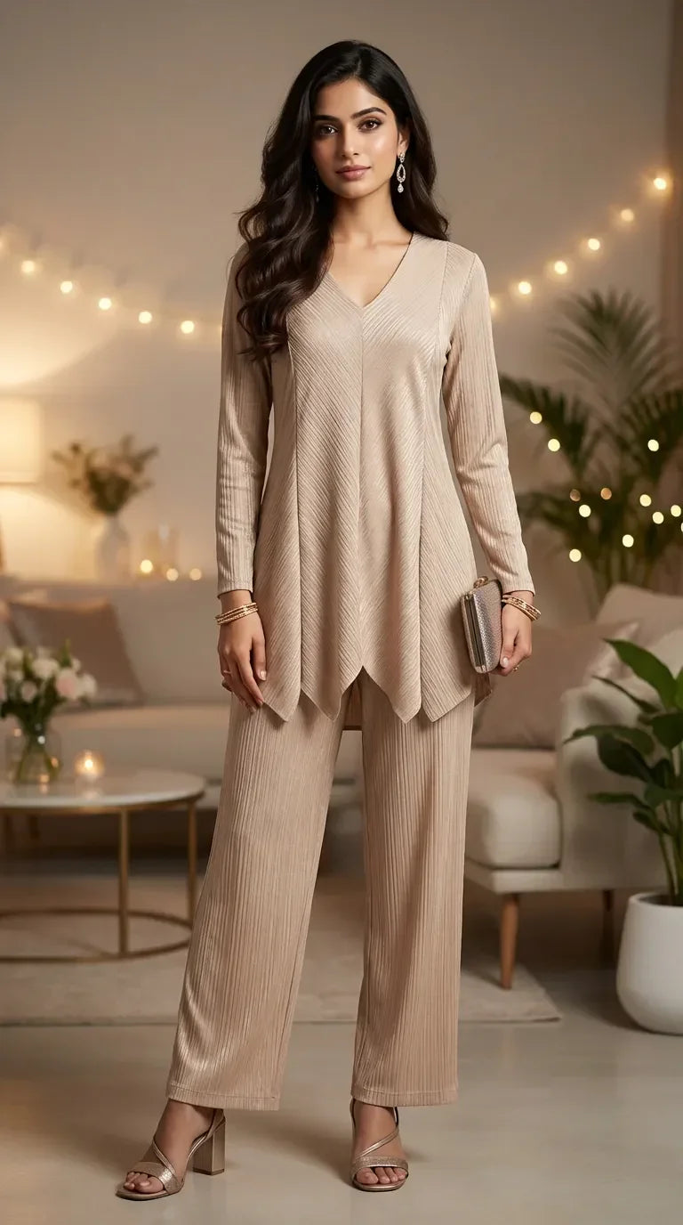 Woman wearing a beige shimmer zigzag co-ord set from KARCHOBI, styled in a chic living room.