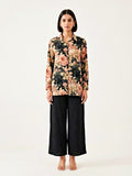 Black floral crepe shirt by KARCHOBI featuring a stylish floral print, suitable for work or casual wear, shown on a mannequin.