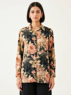 Black floral crepe shirt by KARCHOBI featuring a stylish print, ideal for casual or work wear, shown on a mannequin.