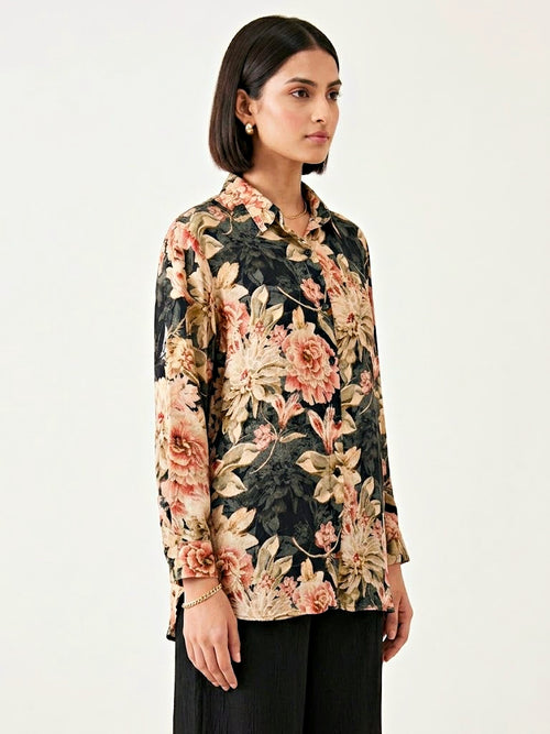 Black floral crepe shirt by KARCHOBI featuring a stylish print, suitable for casual and work wear.