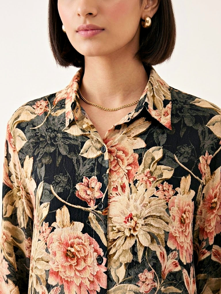 Black floral crepe shirt by KARCHOBI featuring a casual workwear style with floral print and lightweight crepe fabric.
