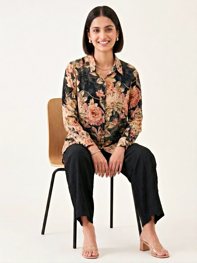 Black floral crepe shirt by KARCHOBI featuring a stylish floral print, suitable for casual and work wear.