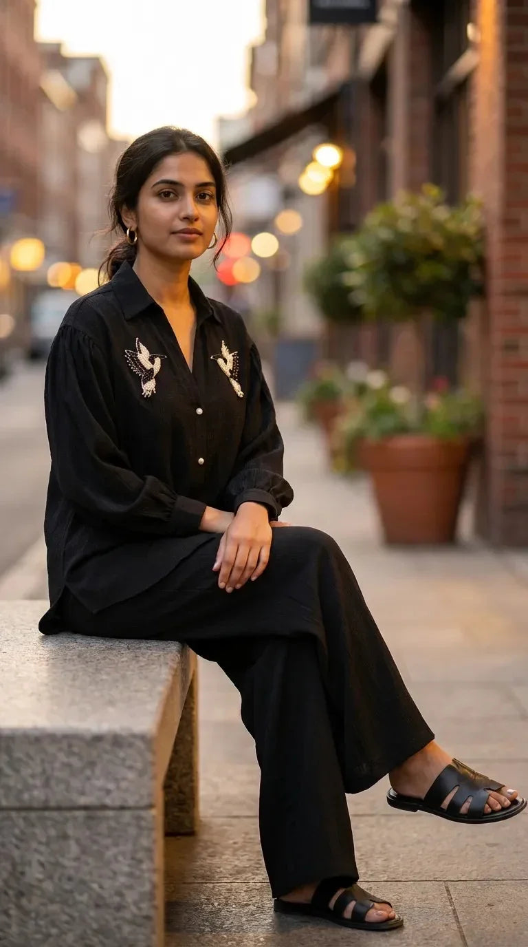Woman wearing Karchobi black co-ord set with bird motif embroidery, seated on urban street bench