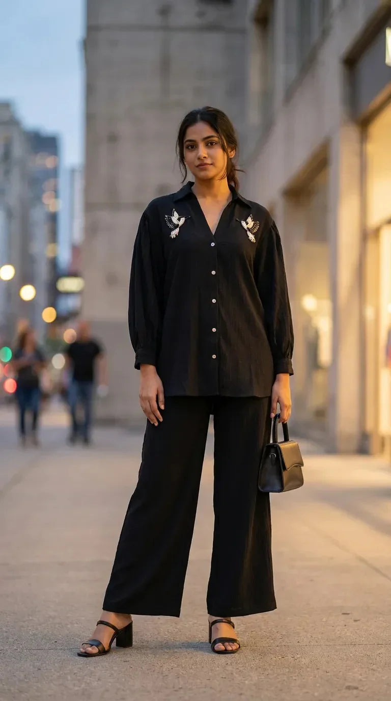 Woman wearing Karchobi black co-ord set with bird motif embroidery, city street style