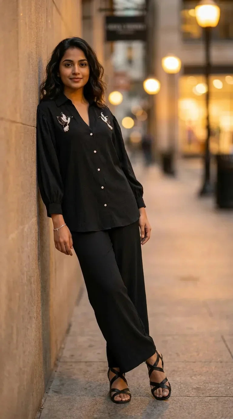 Woman wearing Karchobi black co-ord set with bird motif shirt, standing on city street