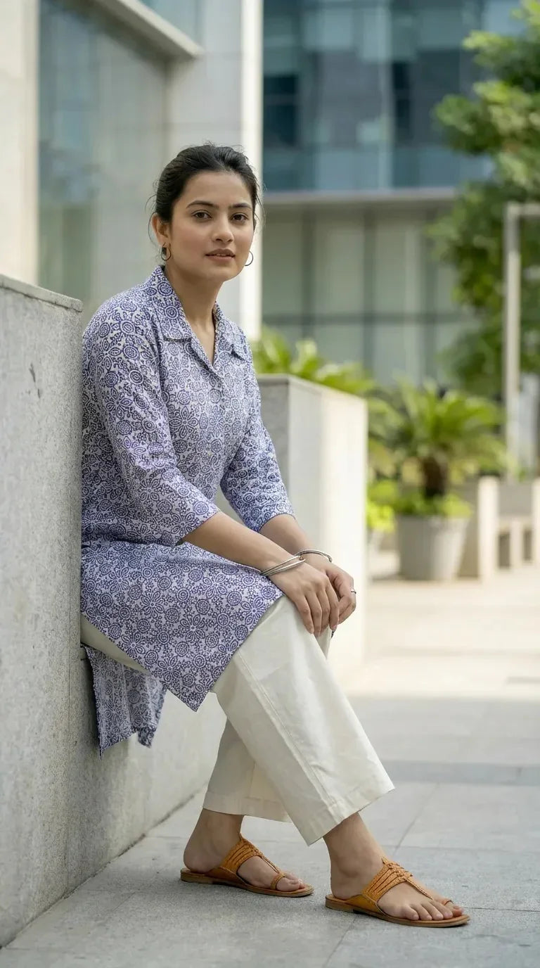 Woman wearing Karchobi blue floral print kurta with cream pants, seated outdoors