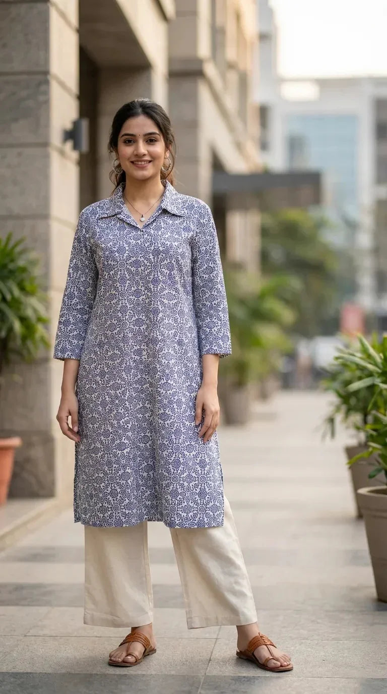 Woman wearing Karchobi blue floral print kurta with cream bottoms, styled outdoors