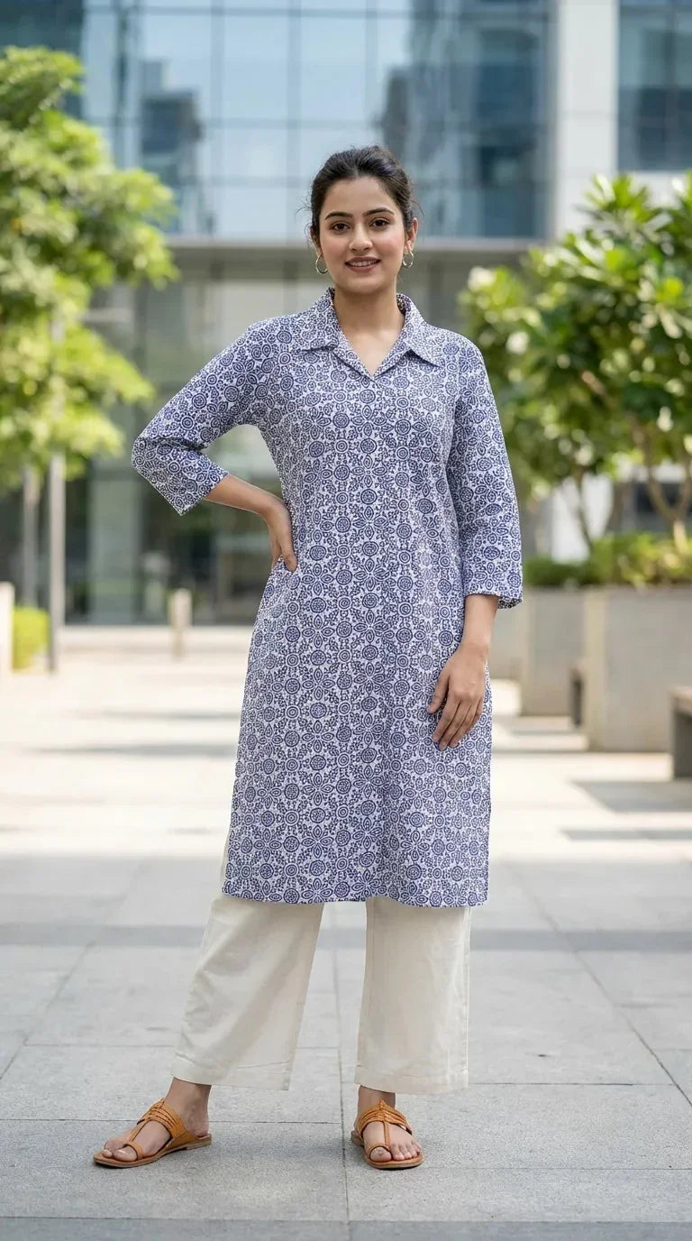 Woman wearing blue floral print kurta with cream pants, outdoor, Karchobi women's clothing