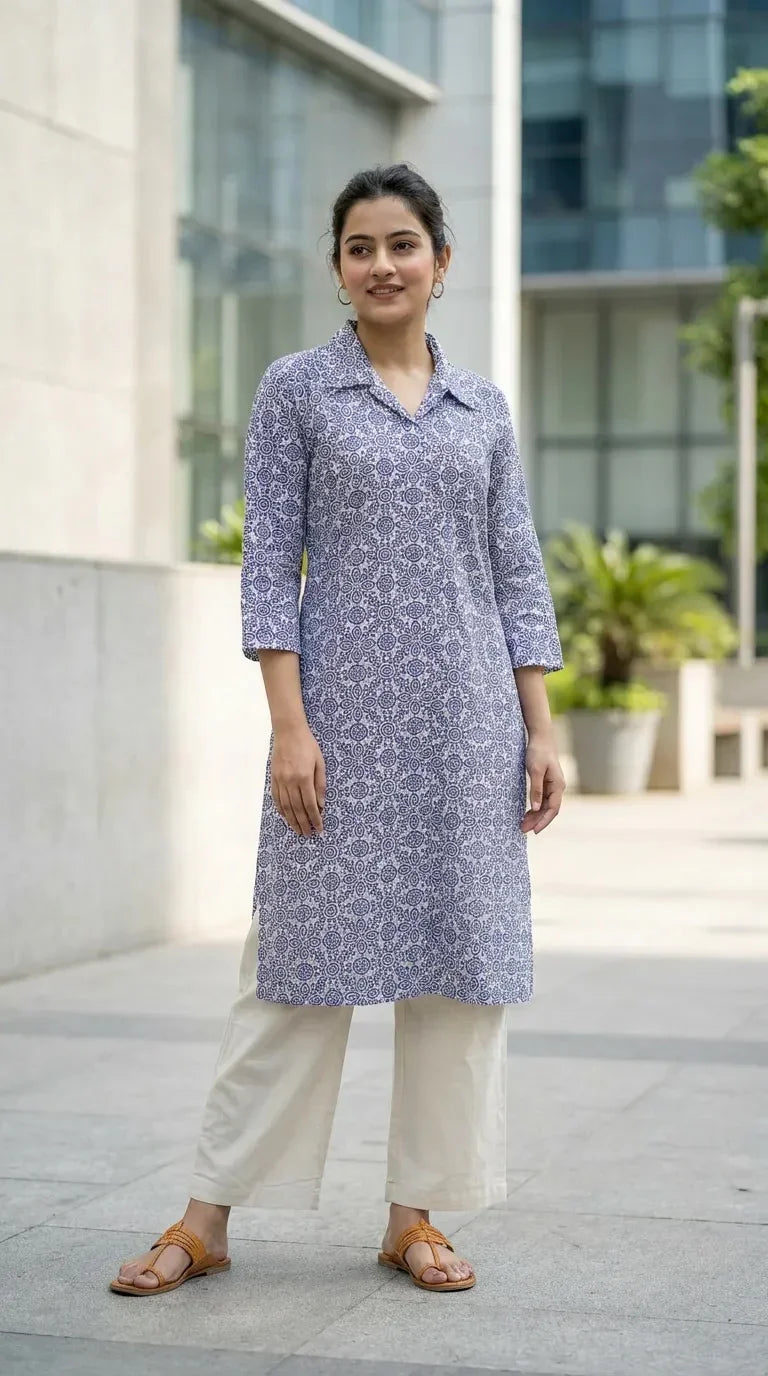 Woman modeling blue floral print kurta with cream pants outdoors at Karchobi store