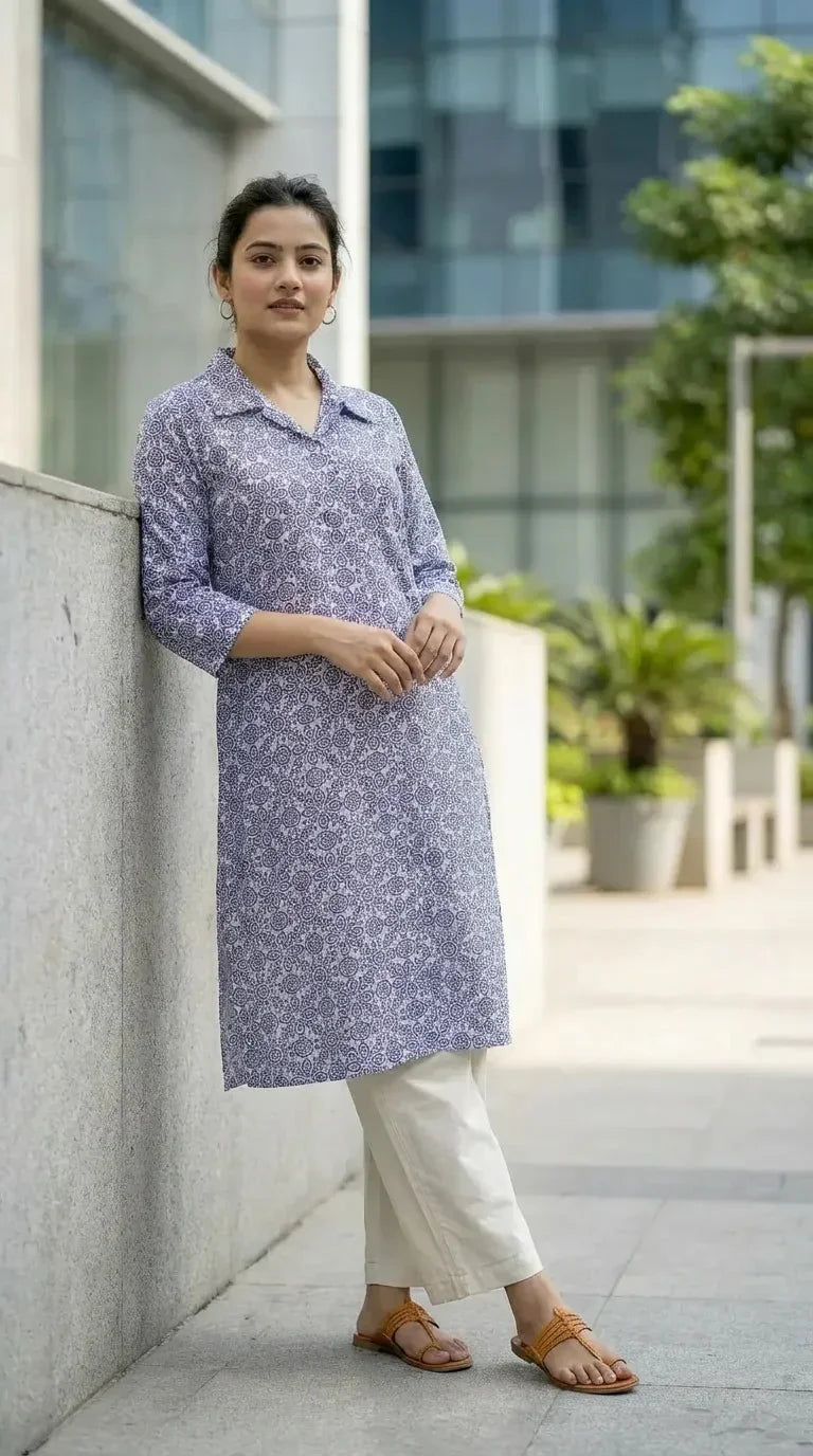 Woman wearing blue floral print kurta and cream pants from Karchobi, standing outdoors