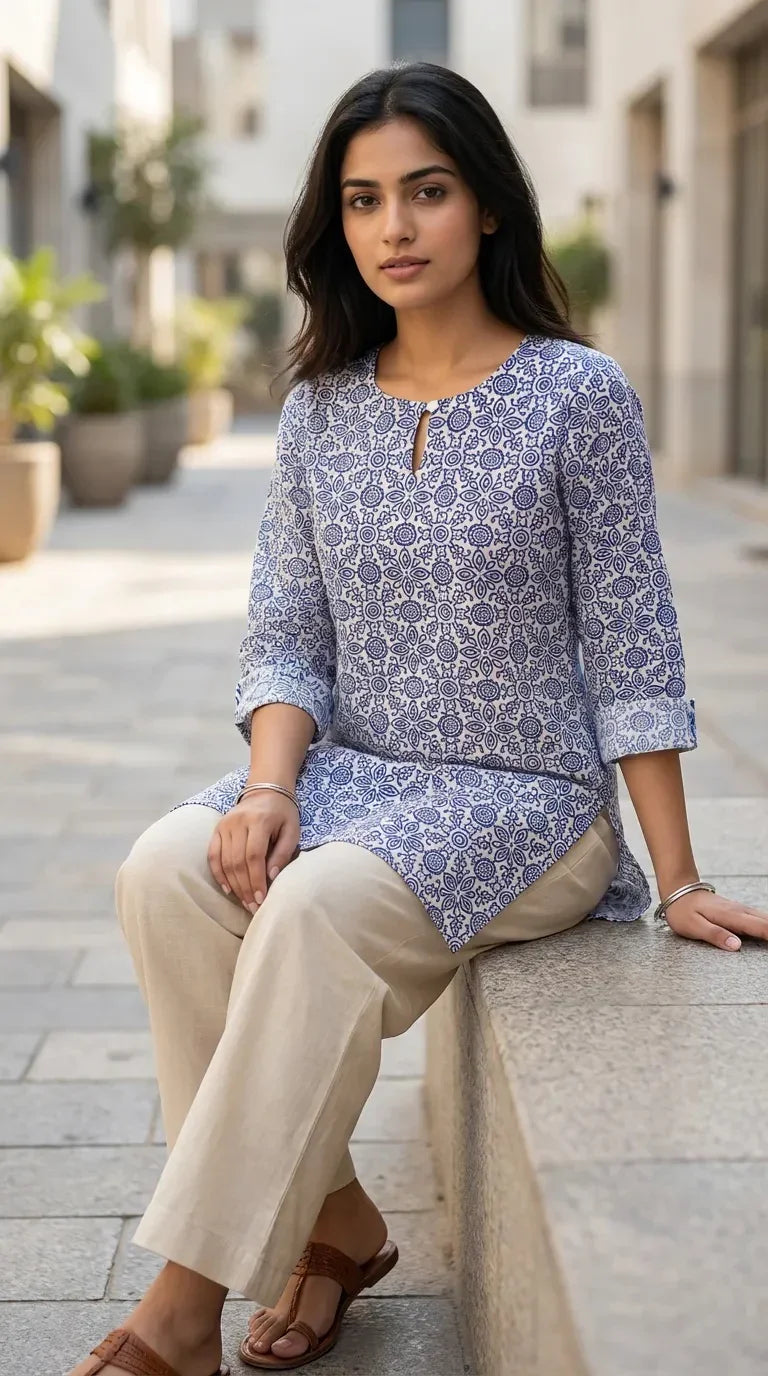 Woman in blue floral print short kurta and cream bottoms from Karchobi, seated outdoors.