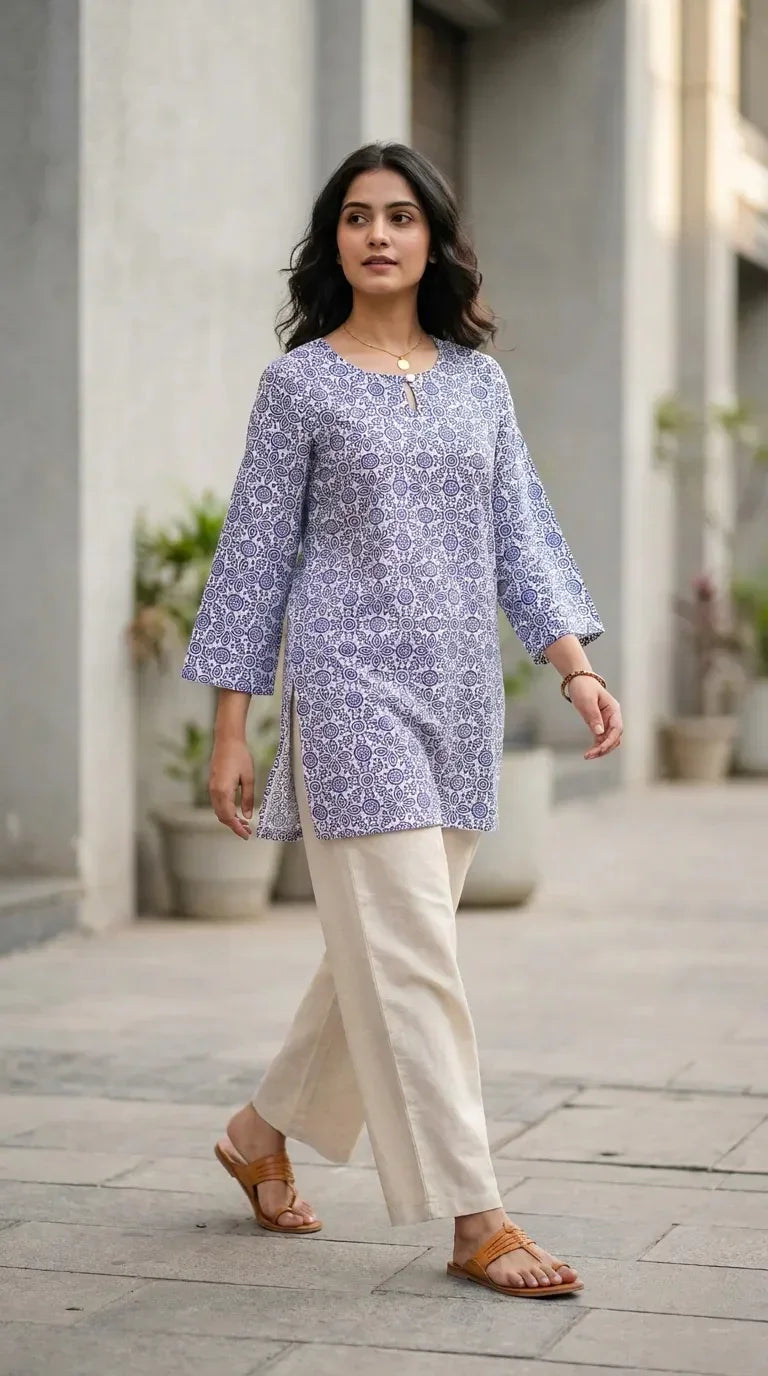 Woman wearing blue floral print short kurta with cream bottoms from Karchobi, outdoor setting