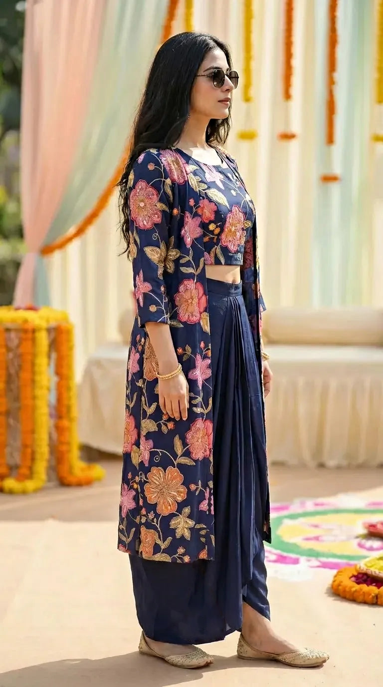 Woman in blue floral embroidered crop-top, jacket, and dhoti skirt set from Karchobi