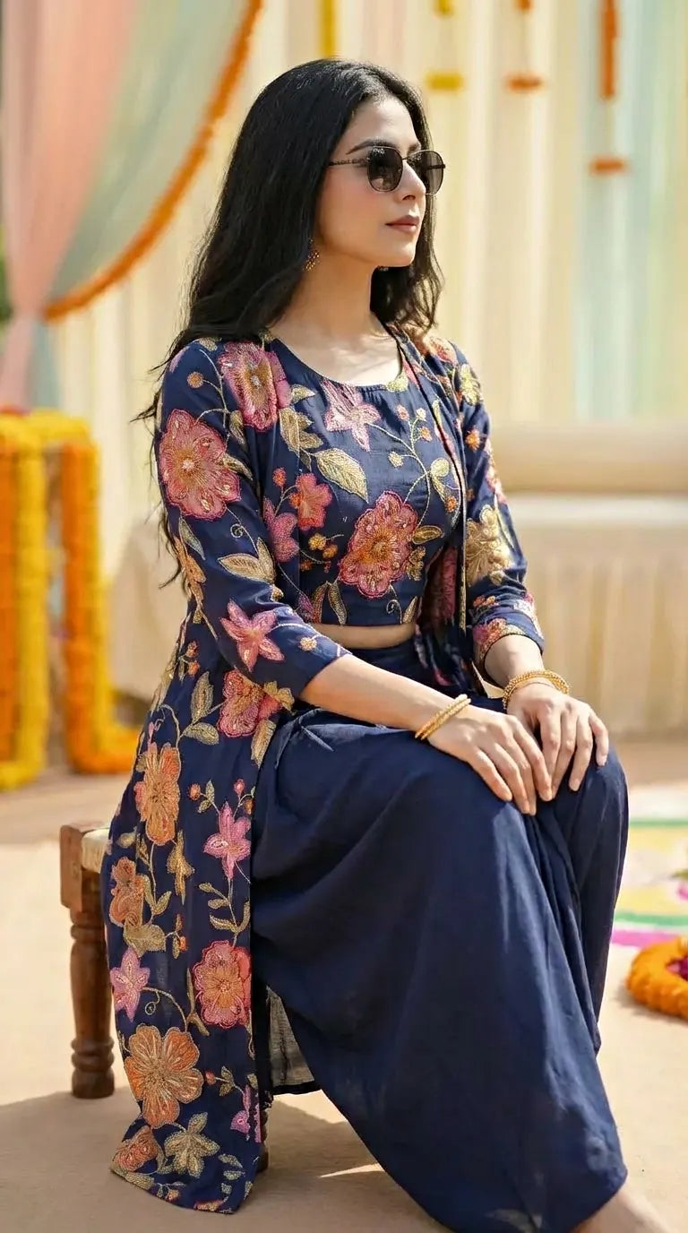 Woman in a blue floral embroidered crop top jacket and dhoti skirt set from Karchobi