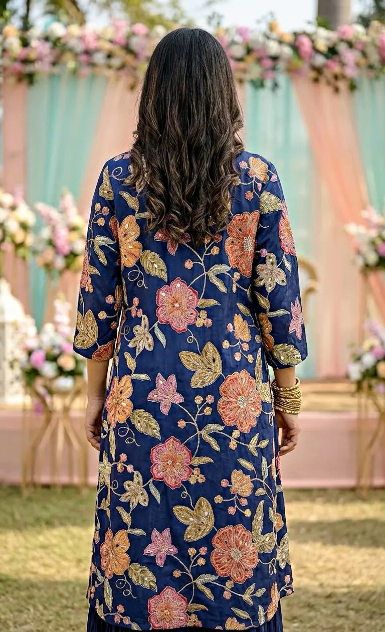 Woman in a blue floral embroidered jacket from Karchobi, outdoor garden backdrop