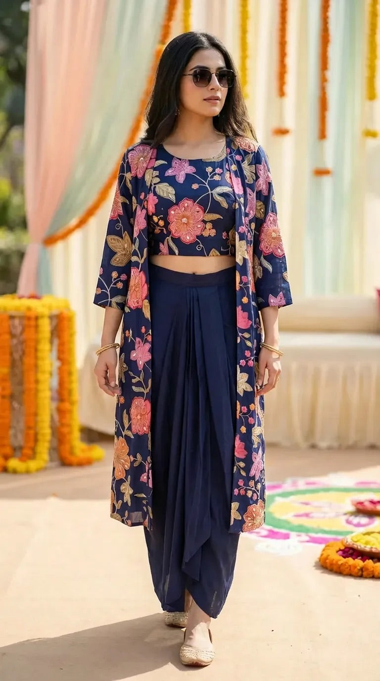 Woman wearing Karchobi blue floral crop top, long jacket, and dhoti skirt with zari, sequins, and mirror embroidery, stylish occasion wear.
