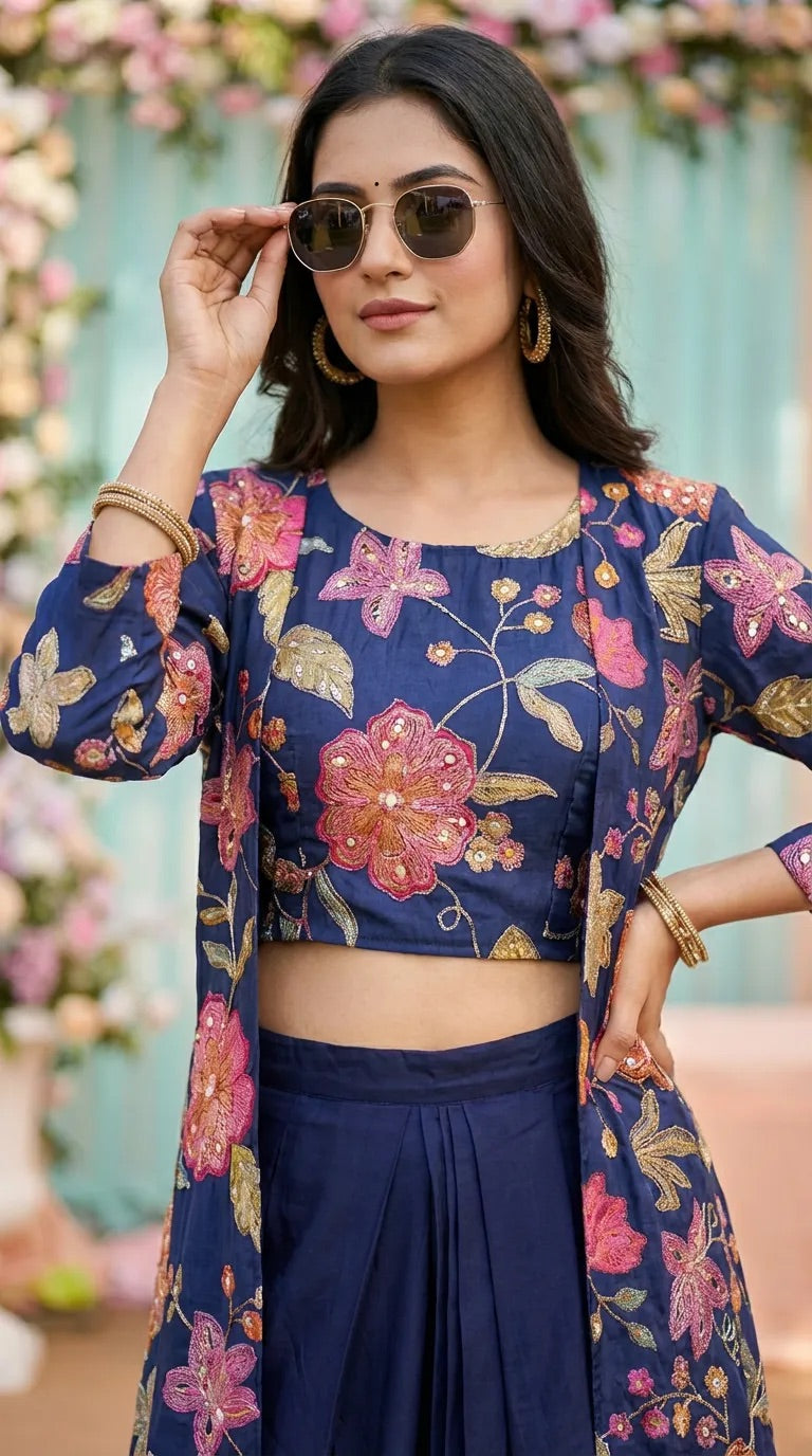 Woman in blue floral embroidered Karchobi crop top and jacket set, posing with sunglasses