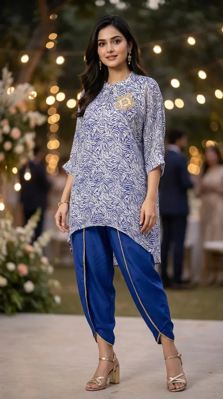 Woman wearing blue and white abstract print kaftan shirt with blue dhoti pants by Karchobi