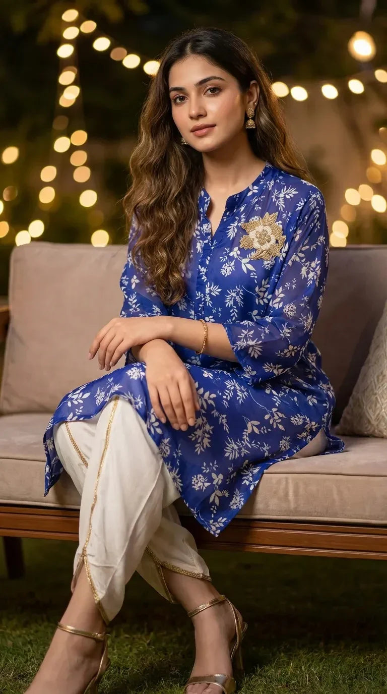 Woman in blue and white floral kaftan shirt and dhoti set from Karchobi, seated on sofa outdoors