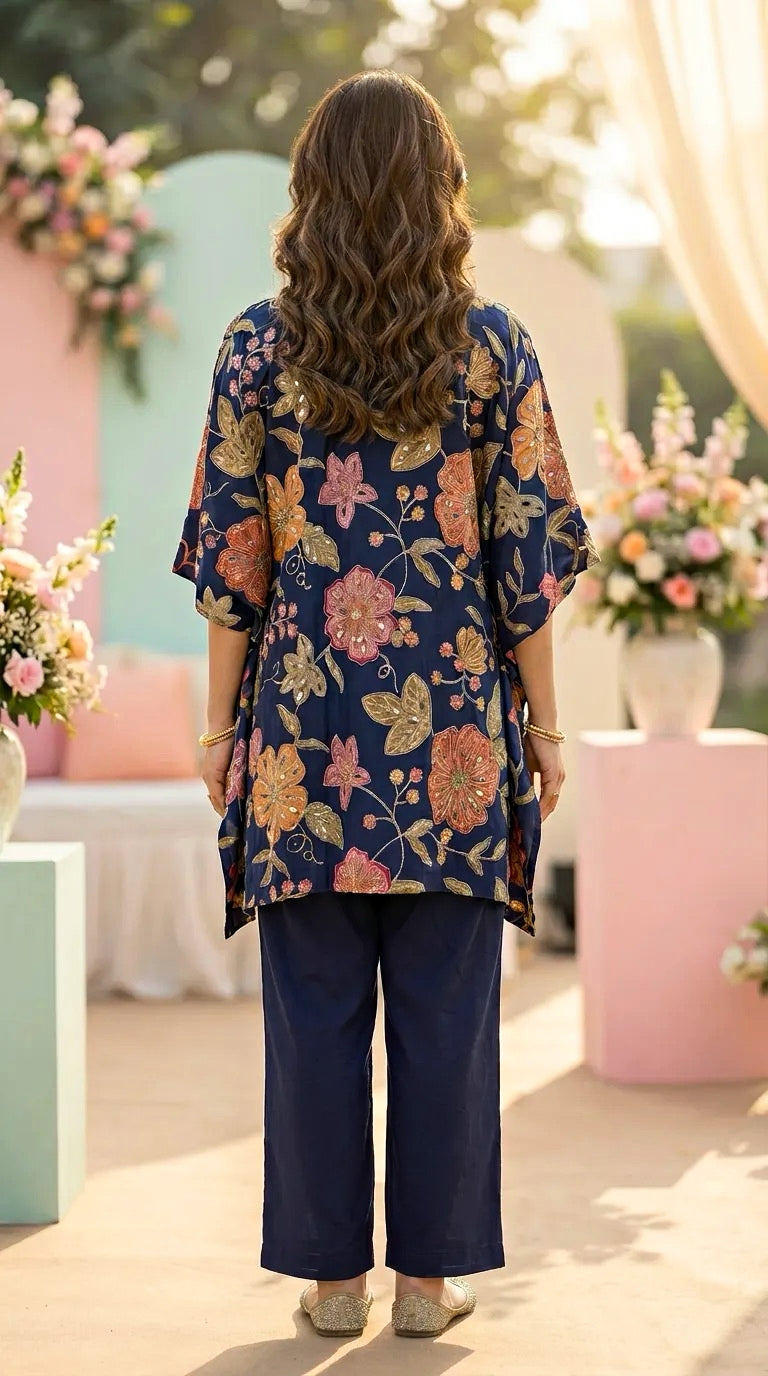 Woman in Karchobi blue floral embroidered kaftan kurta pant set, outdoor garden setting