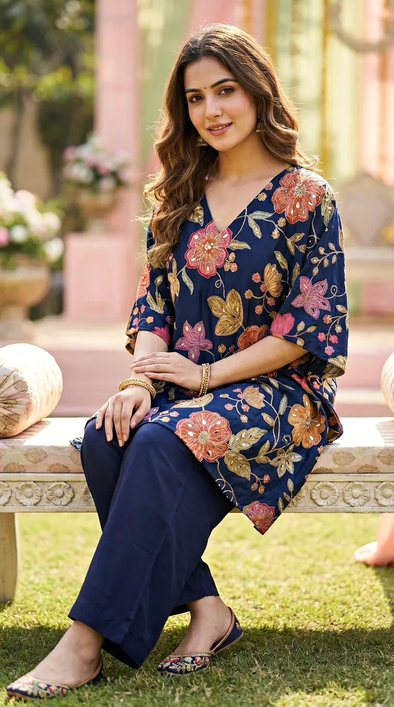 Woman in blue floral embroidered kaftan kurta pant set sitting outdoors, Karchobi fashion